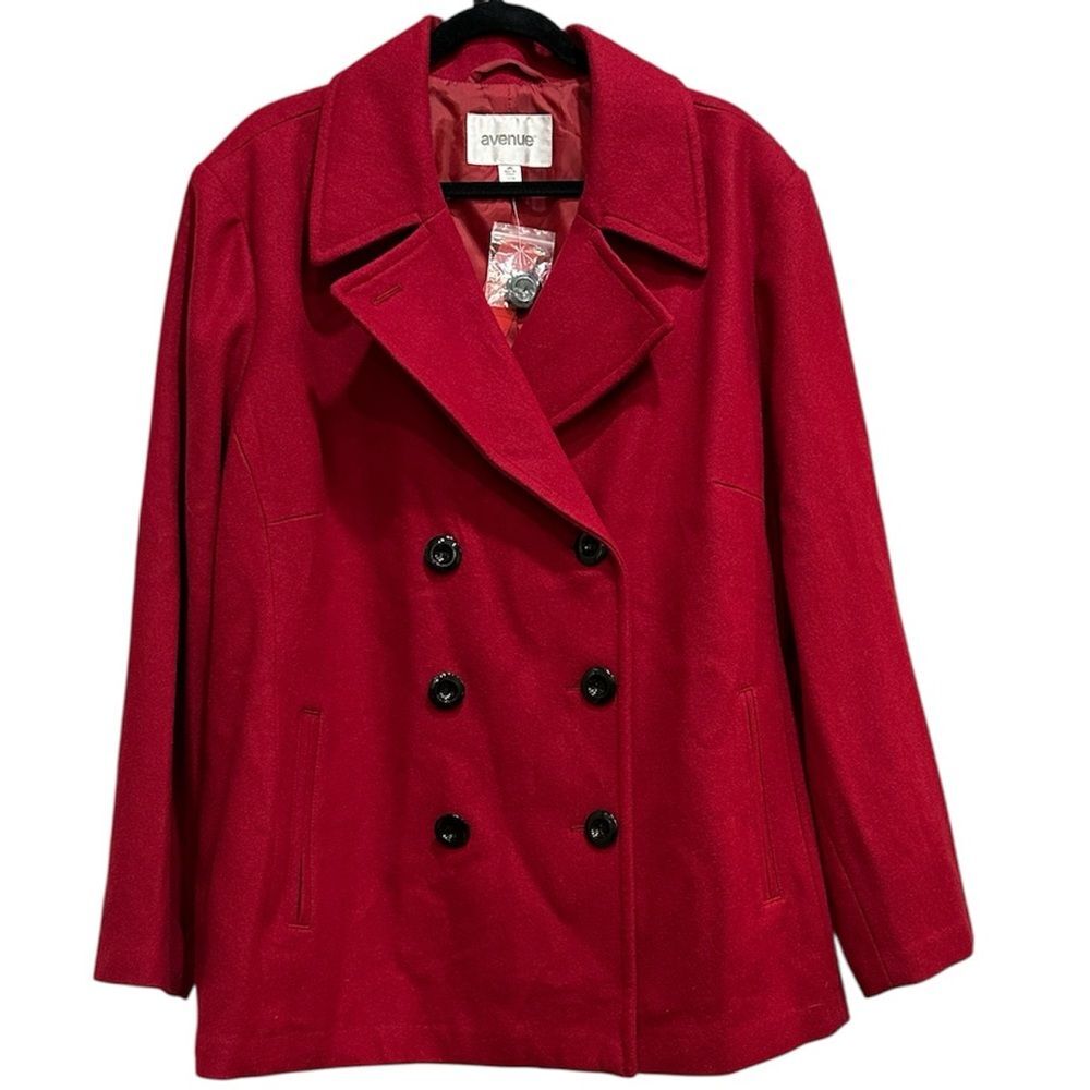 Avenue Women's Plus Size 26/28 Red Wool Blend Peacoat Double Breasted NEW